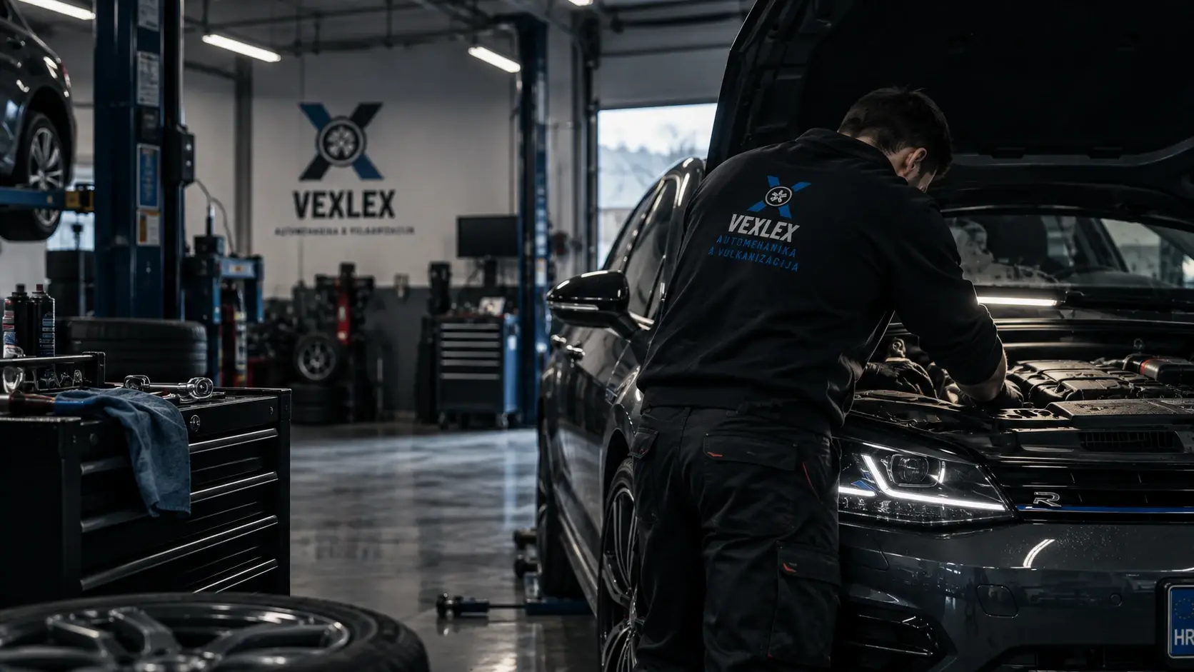 Mehaničar u VEXLEX radionici radi na motoru tamnog automobila s podignutom haubom.